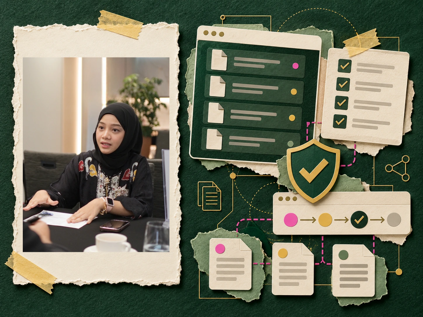 Zila in discussion beside paper compliance documents, review checkpoints and an approval workflow.