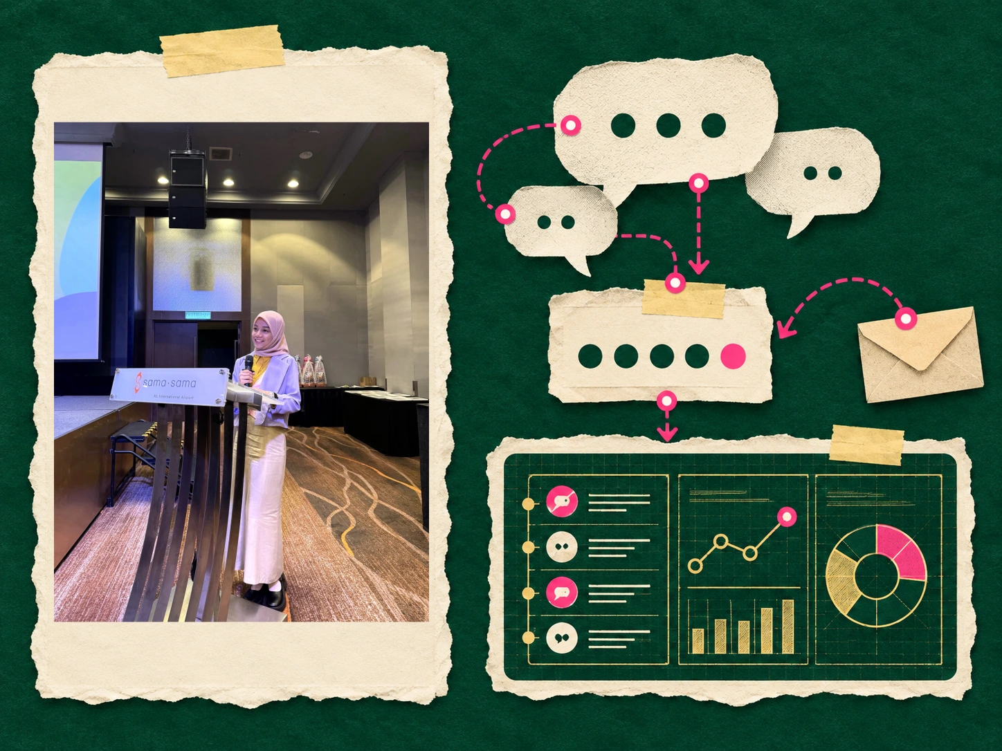 Zila presenting beside paper feedback bubbles, a survey and a schematic dashboard.