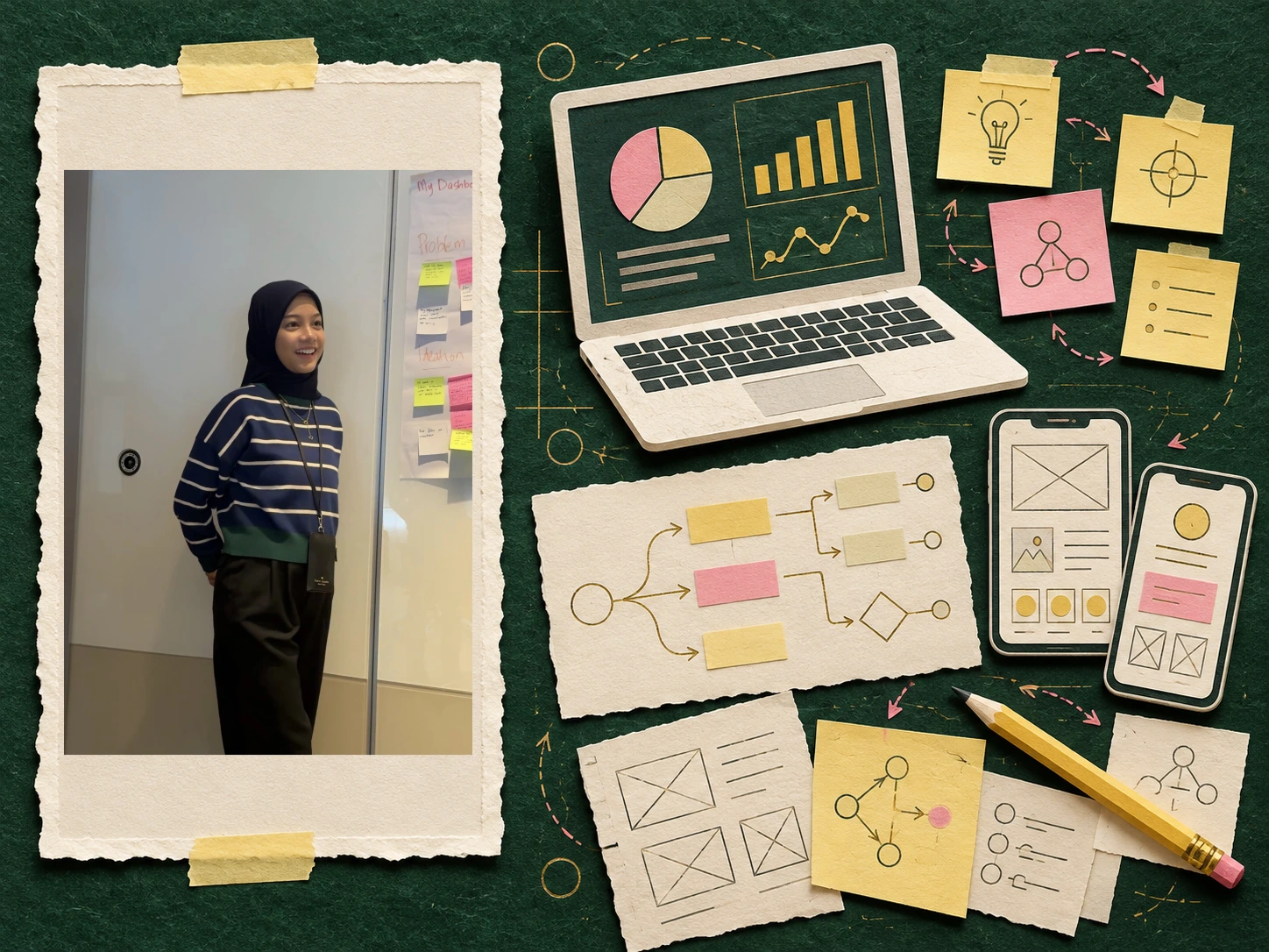 Zila at a workshop beside paper prototypes, discovery notes and a process map.