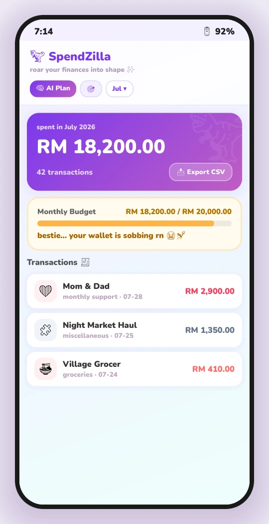 SpendZilla dashboard mockup showing spending against a monthly budget.