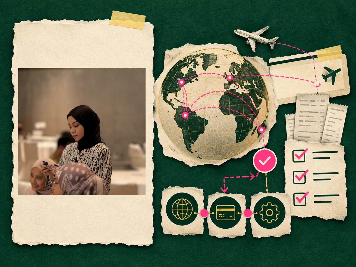 Zila at a workshop beside paper travel documents, receipts and a global rollout illustration.