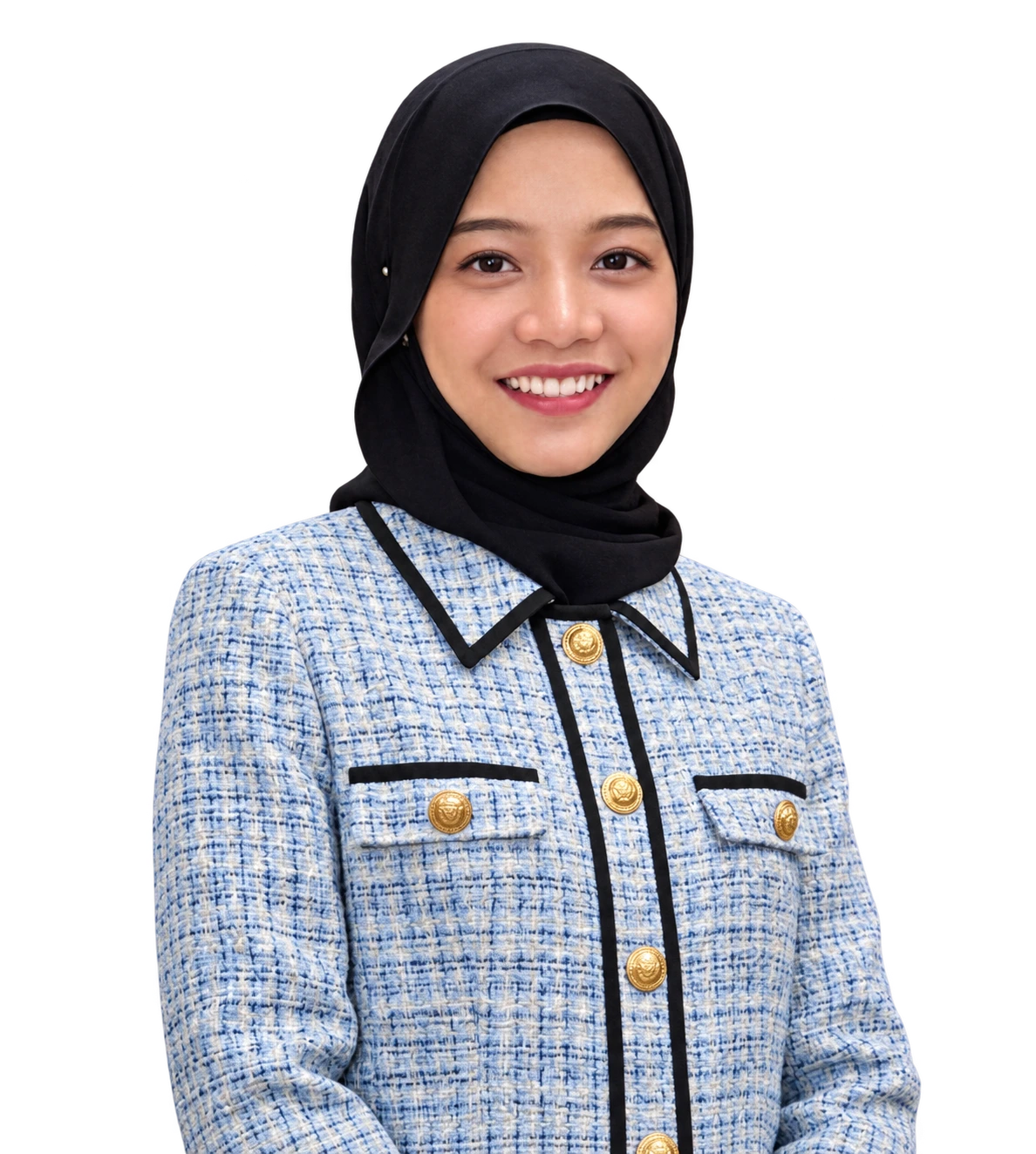 Zila in a black hijab and blue tweed jacket